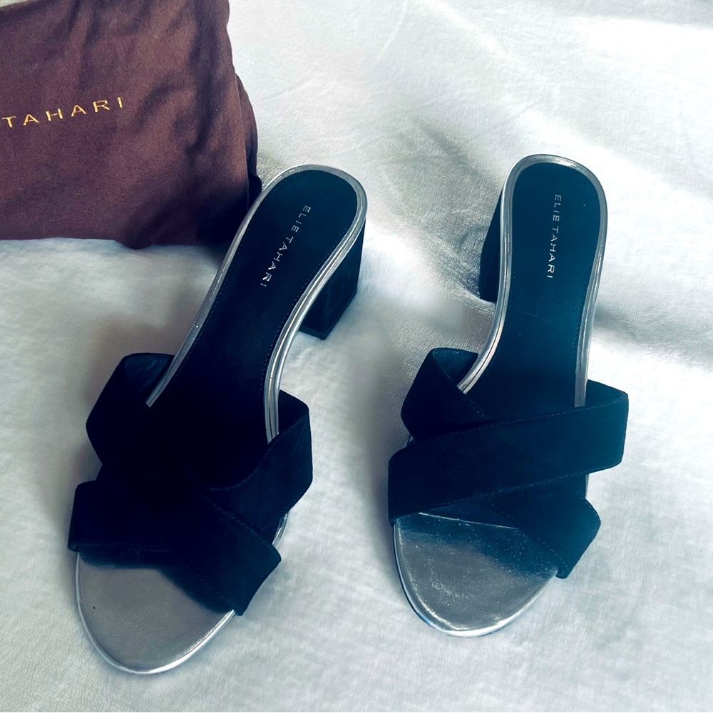 Ellie Tahari Dressy Criss Cross Black Suede with Silver Piping Mules